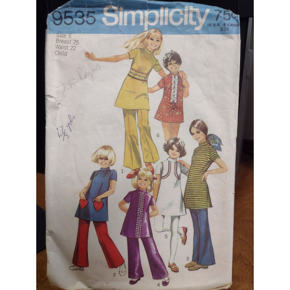 Vintage Simplicity Pattern 9535 Child's & Girl's Mini-dress & Pants Size6 (1971)